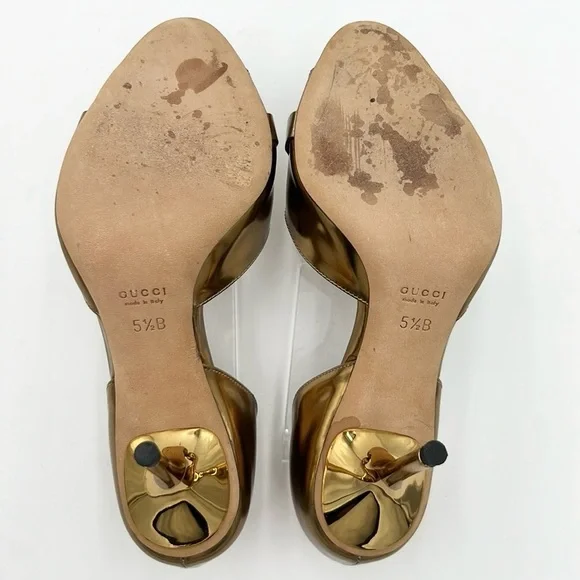 GUCCI WOMEN’S HORSE BIT OPEN TOE GOLD HEEL SZ 5.5 B - Picture 9 of 10